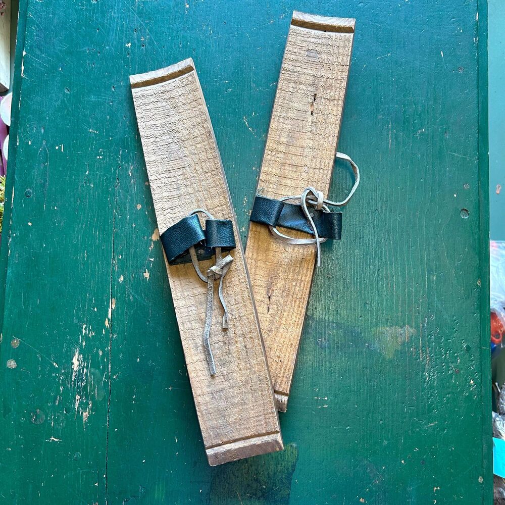 Vintage Barrel Stave Skis 18.5" Wood Skis Leather Straps Rustic Cabin